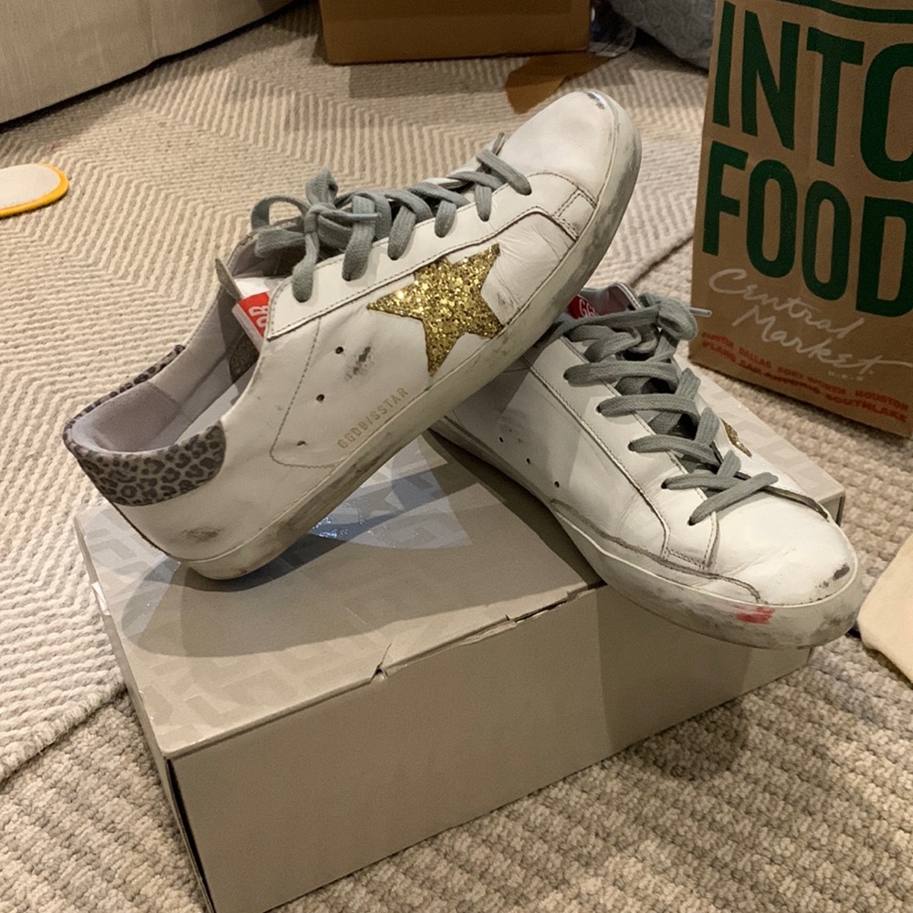 Golden Goose White Leather Sneakers with Gold Glitter Star and Leopard Heel - Picture 2 of 9